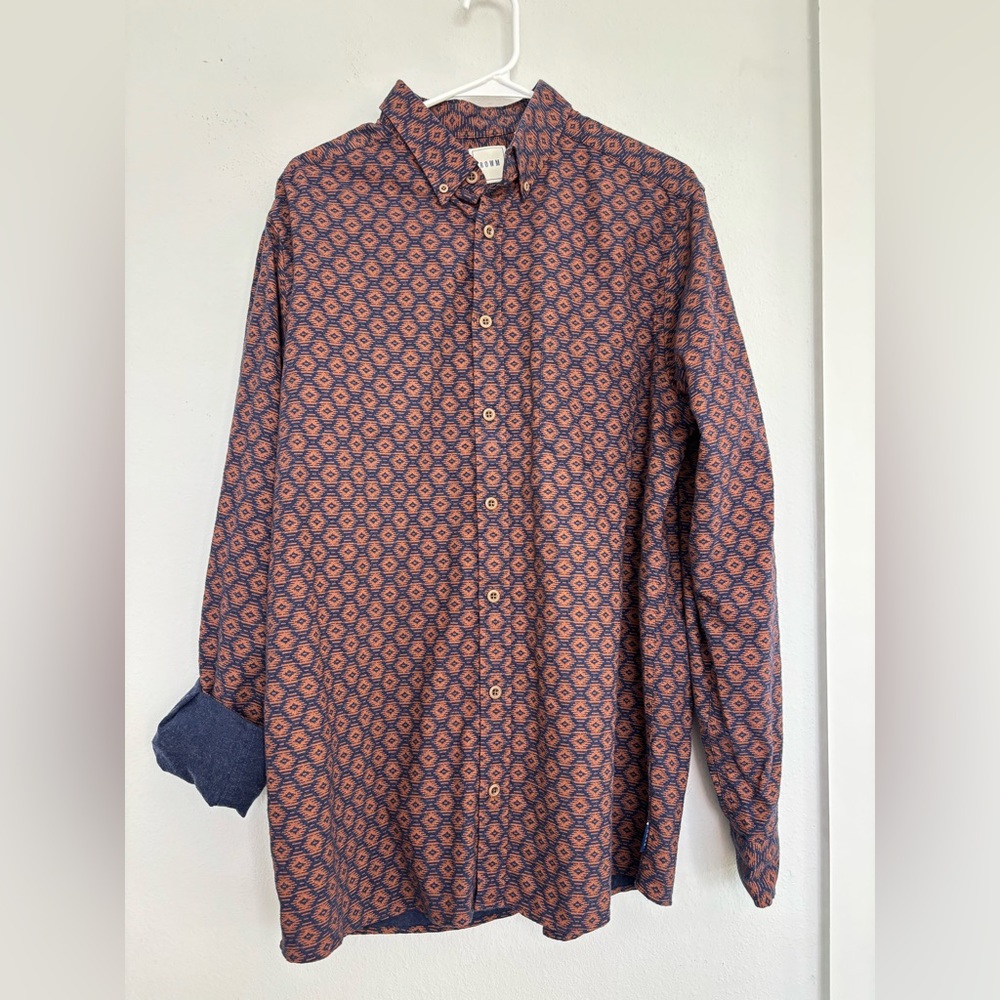 ROWM NAVY ABSTRACT PRINTED BUTTON DOWN LONG SLEEVE MENS SHIRT SZ LT